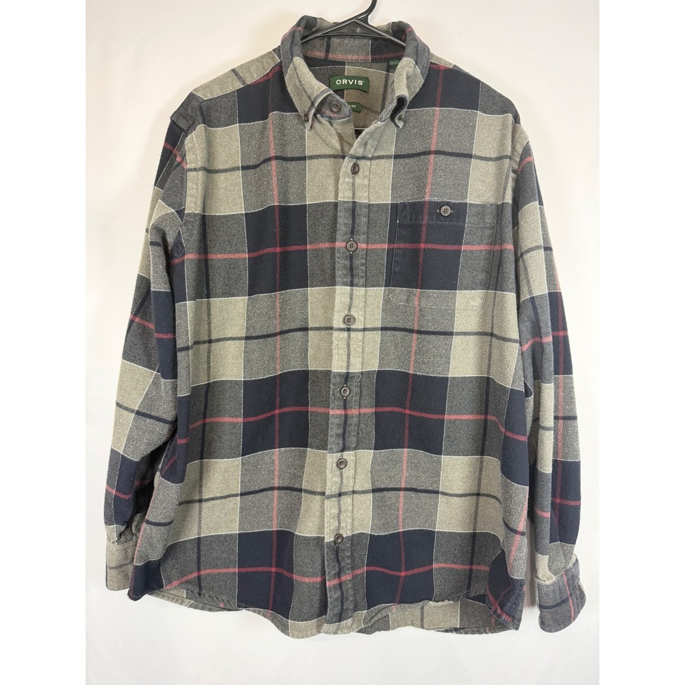 Orvis Mens Classic Fit Plaid Flannel Shirt Grey Navy Red Size Large Long Sleeve